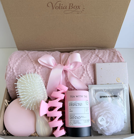 Self care gift box with mug, tea, candle and relaxation items for women