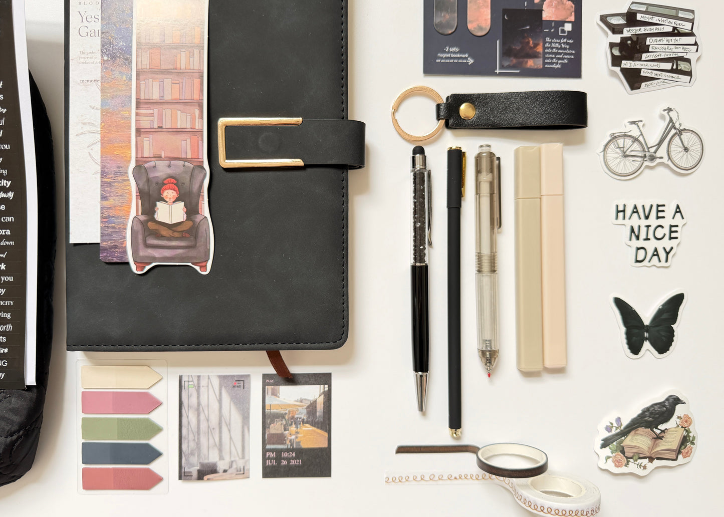 Black stationery gift box with notebook, pens and desk accessories