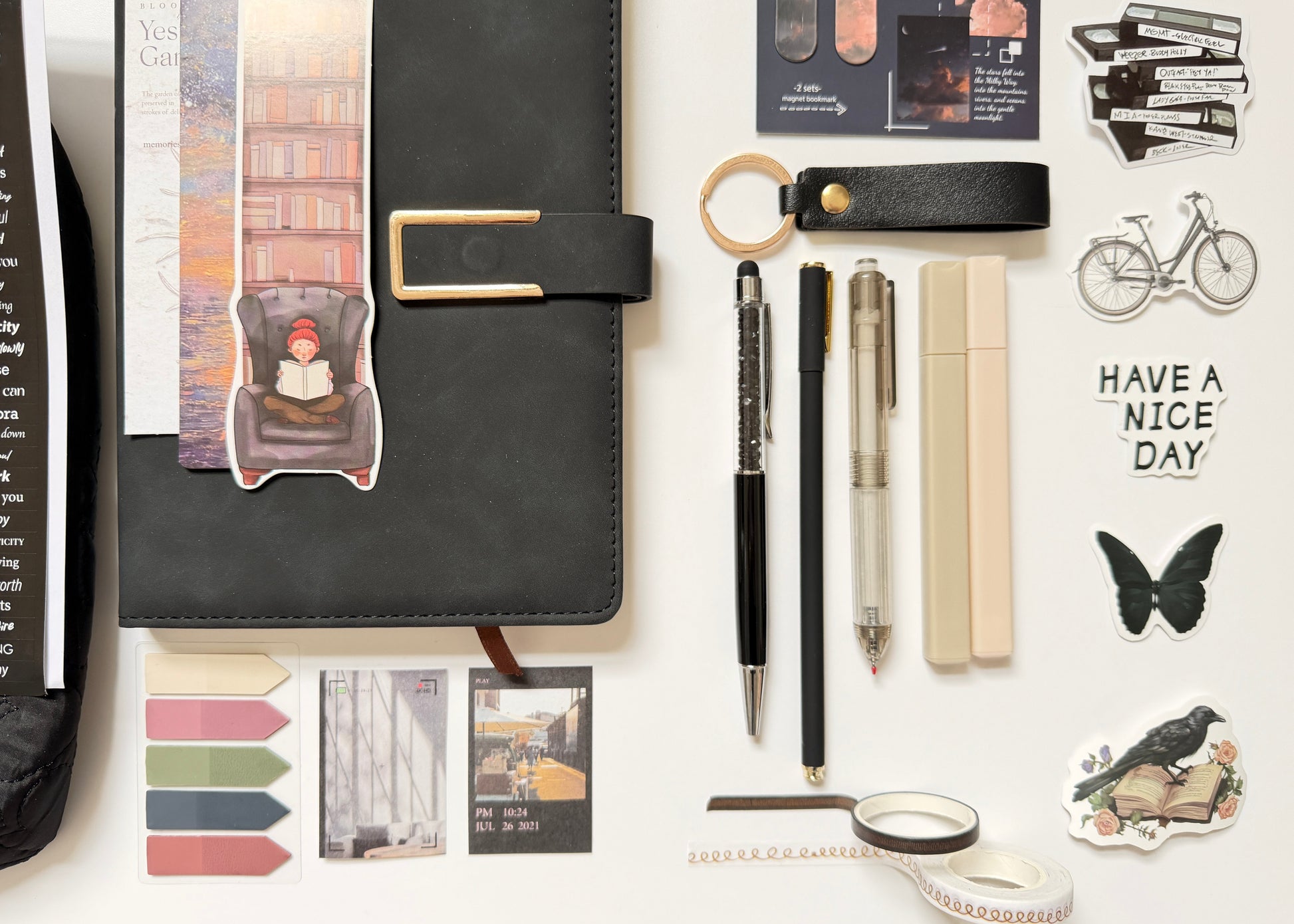 Black stationery gift box with notebook, pens and desk accessories