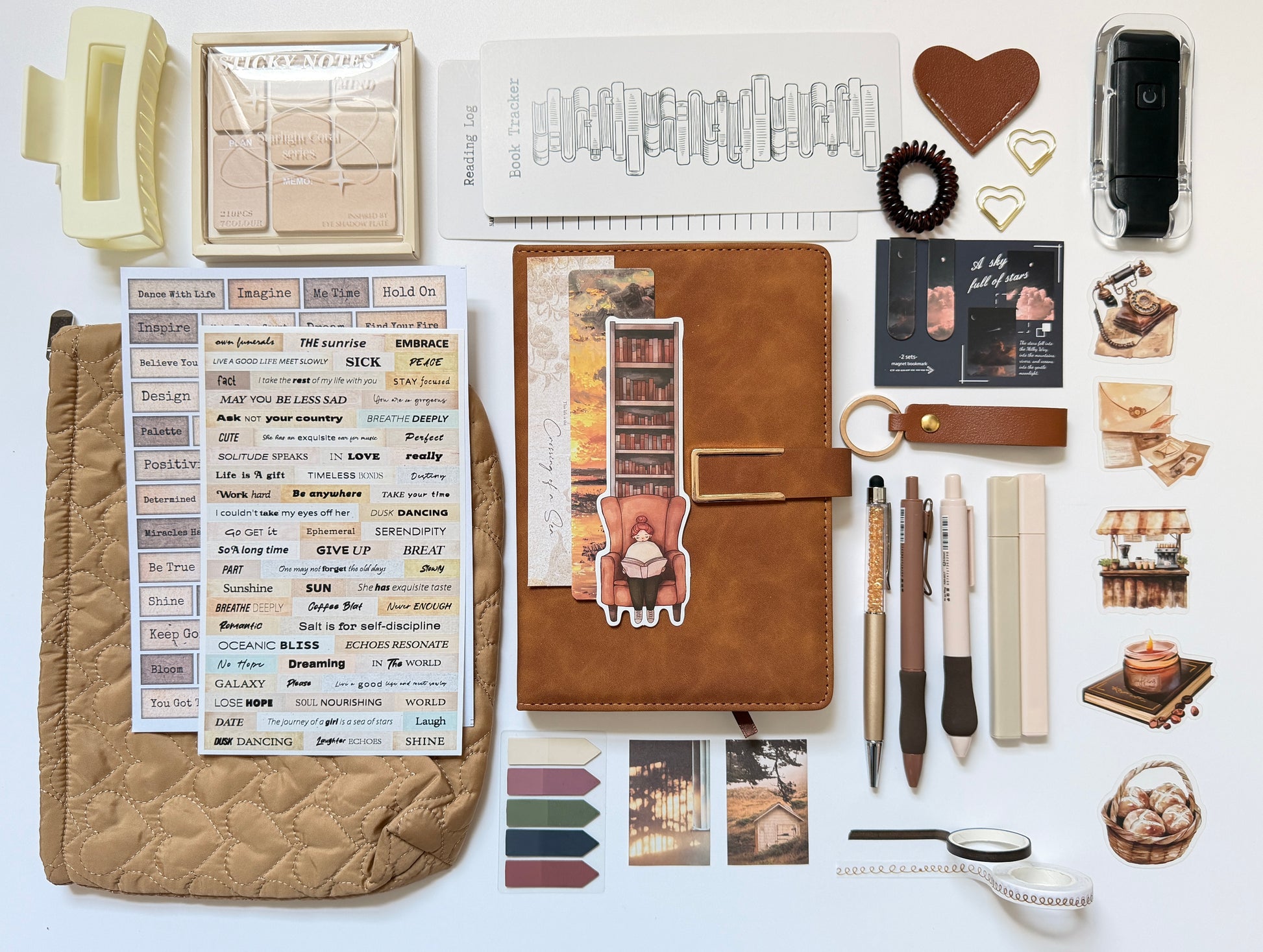 brown stationery gift box with notebook, pens and desk accessories