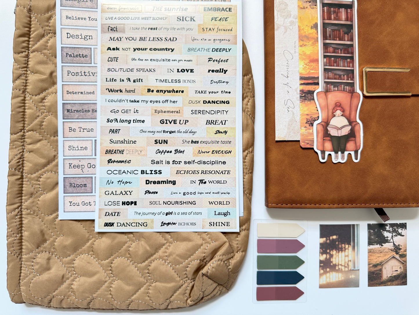 brown stationery gift box with notebook, pens and desk accessories